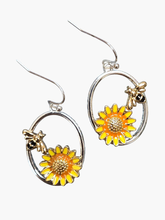 E1015| Flower Bee Design Oval Shape Drop Dangle Earrings|AE6408