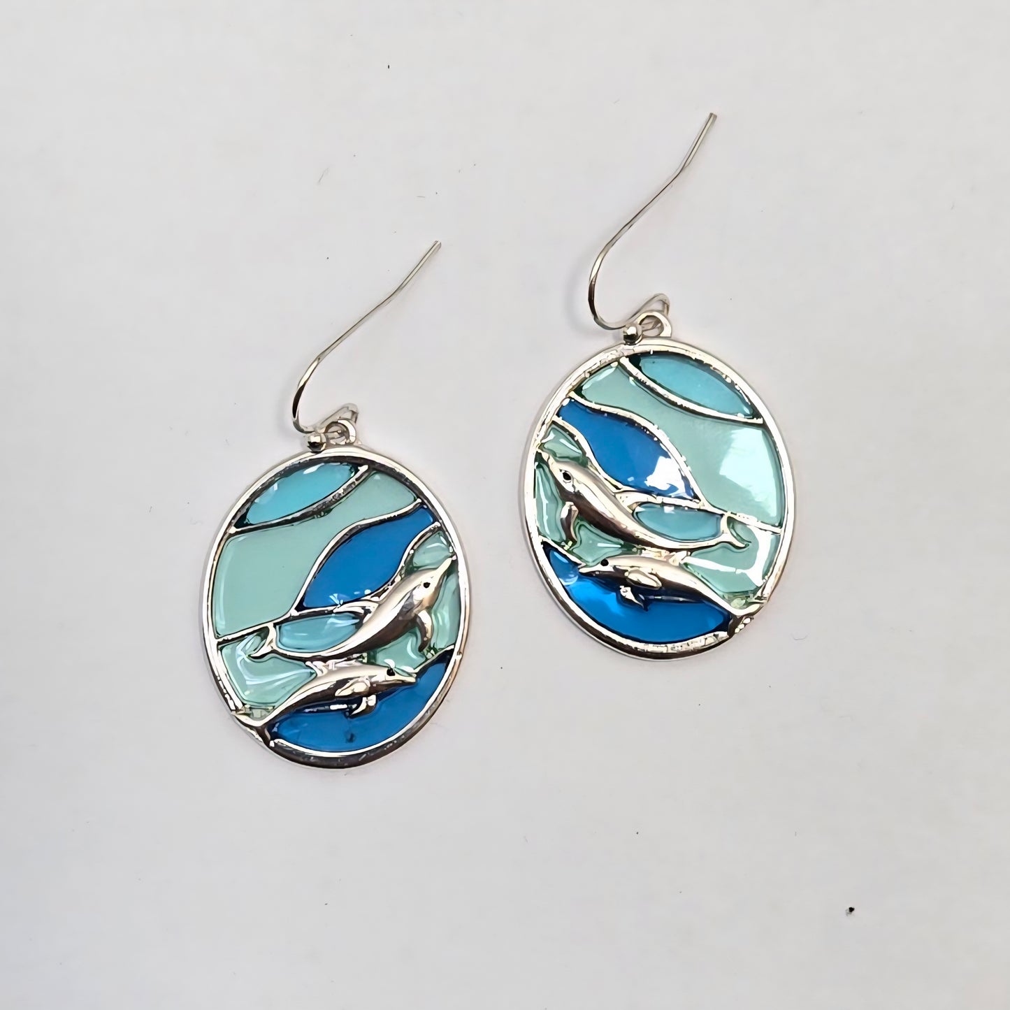 E0957 AE6971 Sealife Dolphin Design Oval Shape Drop dangle Hook Earrings