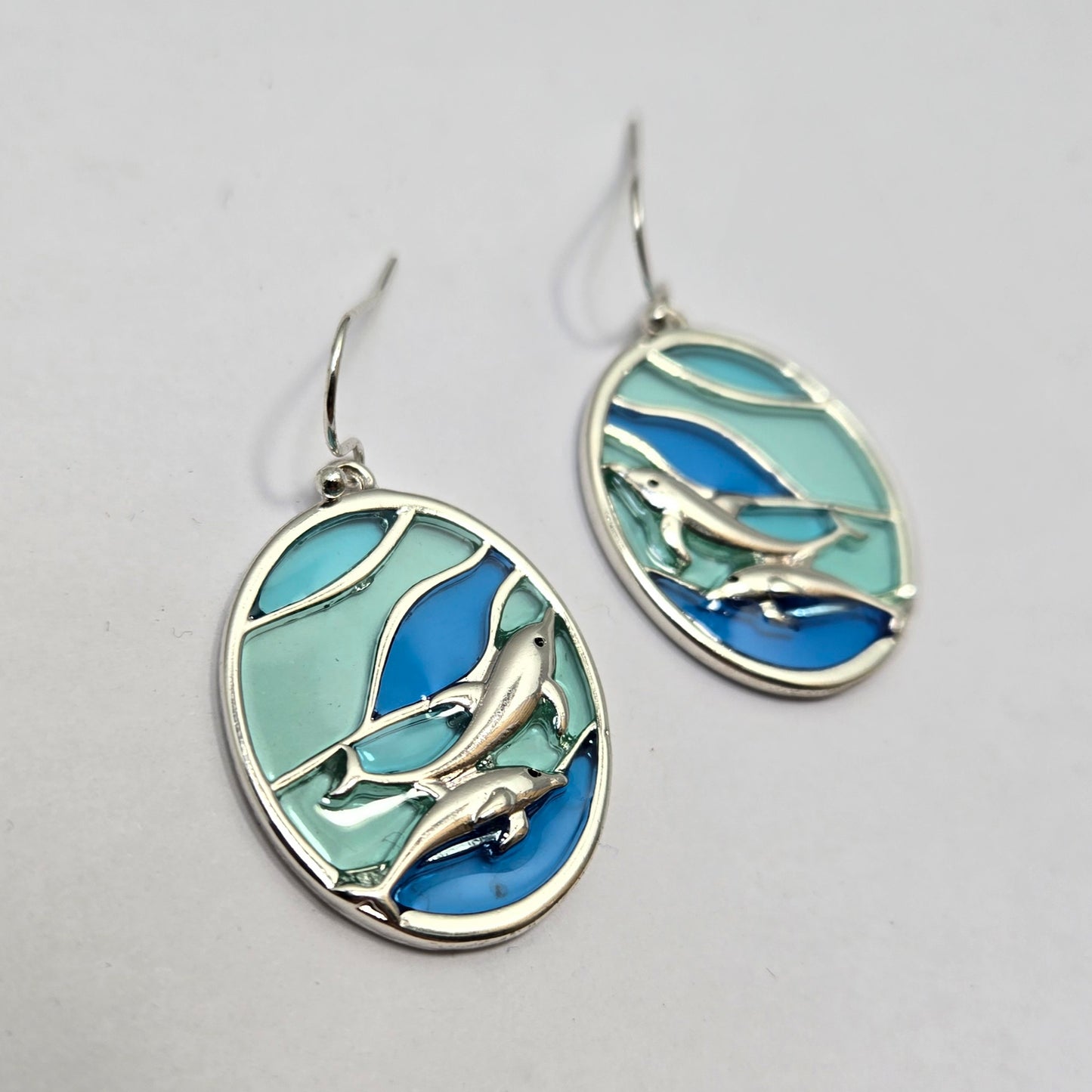 E0957 AE6971 Sealife Dolphin Design Oval Shape Drop dangle Hook Earrings