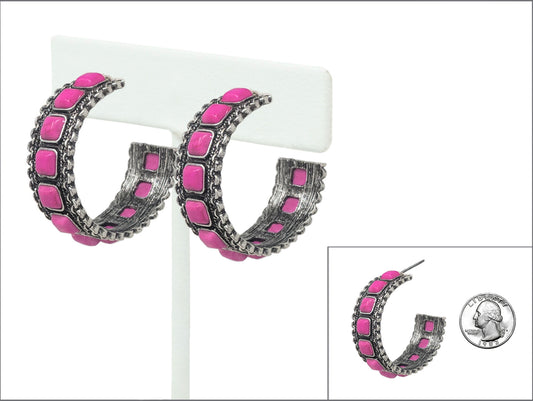 E1194 AE8349 Semi-Stone Deco Open Circle Drop Post Hoop Style Earrings