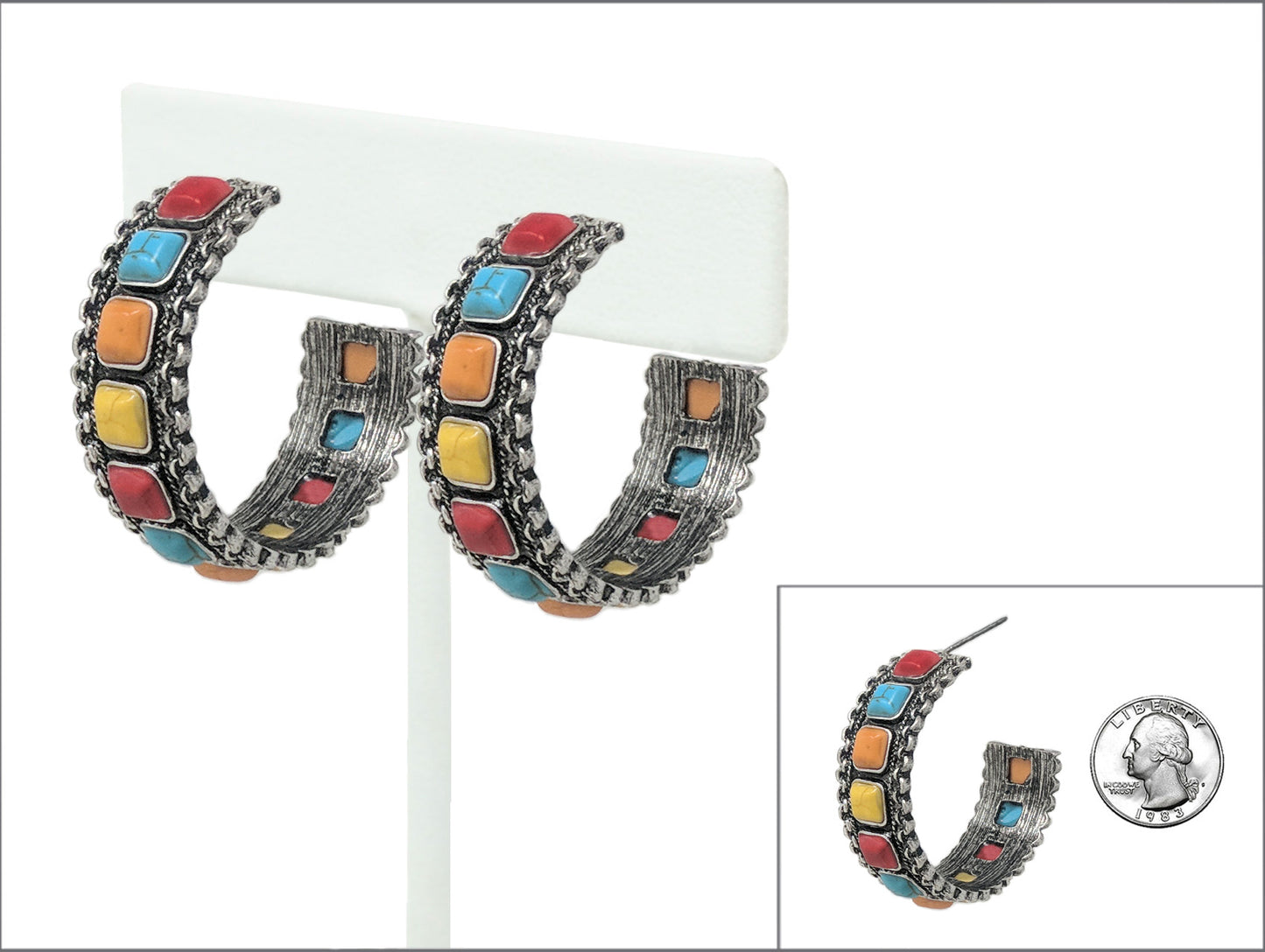 E1194 AE8349 Semi-Stone Deco Open Circle Drop Post Hoop Style Earrings