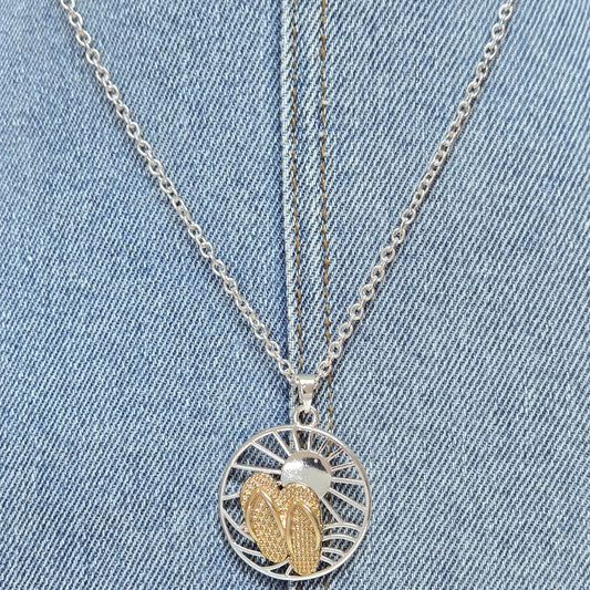 N0481 AN2566 Sun with Slippers Design Circle Shape Pendant Necklace