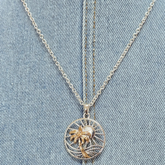 N0502 AN2568 Palm Tree Beach Sun Design Circle Pendant Necklace