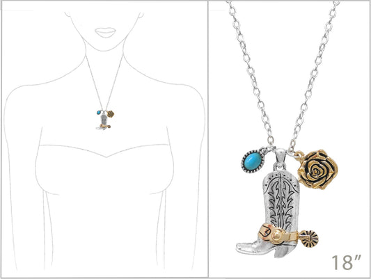 N0541 AN4532 Semi-Stone Deco Cowboy Boot Pendant Necklace