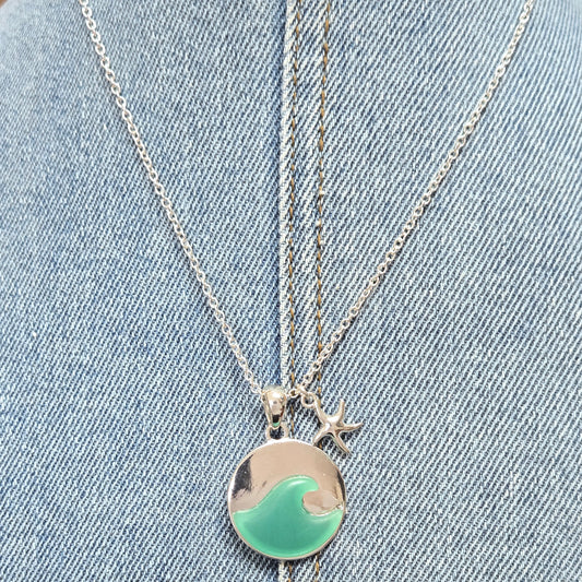 N0369 AS6038 Starfish Ocean Wave Circle Pendant Necklace