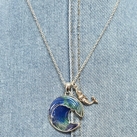 N0377 AS6046 Mermaid Ocean Wave Circle Shape Pendants Necklace