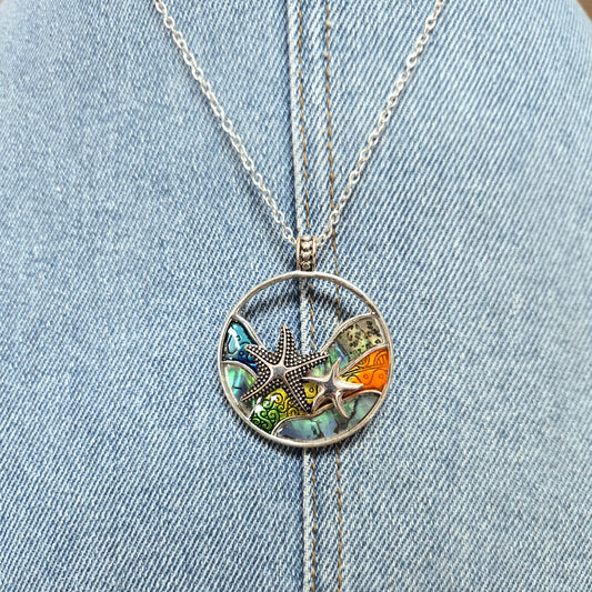 N0459 AS6425 Starfish Ocean Wave Circle Shape Pendant Necklace
