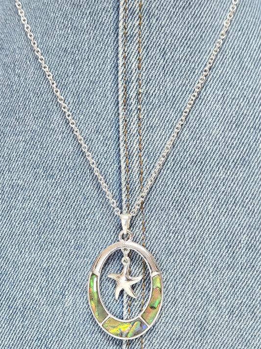 N0460 AS6611 Starfish Charm Dangle Oval Shape Pendant Necklace