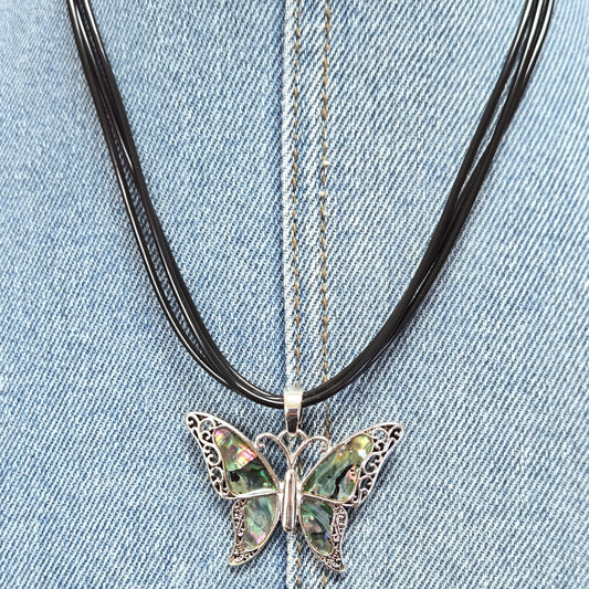 N0442 AS6710 Mother of Pearl Deco Butterfly Shape Pendant Necklace