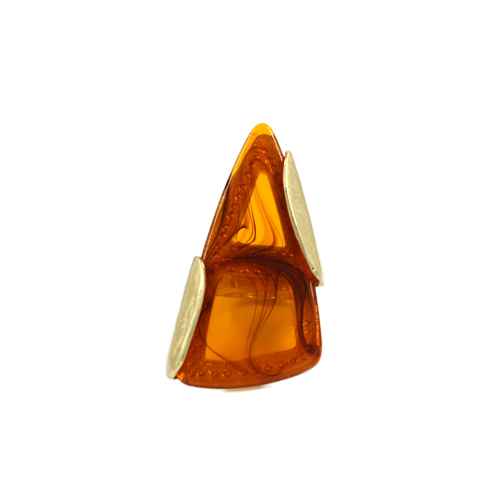 Modern sculptural ring featuring geometric amber-style resin centerpiece with metallic side accents.