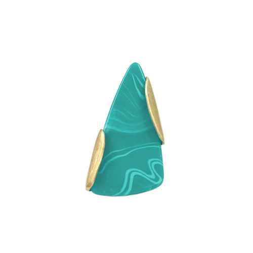 Modern sculptural ring featuring geometric amber-style resin centerpiece with metallic side accents.