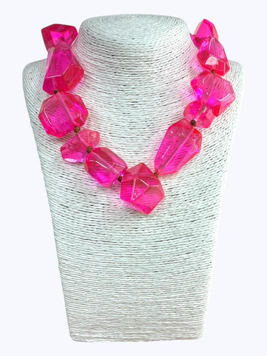 Chunky geometric acrylic necklace featuring oversized translucent faceted beads in a bold modern statement design.