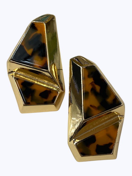 Bold geometric drop earrings featuring abstract multicolor resin mosaic panels framed by sculptural metallic design.