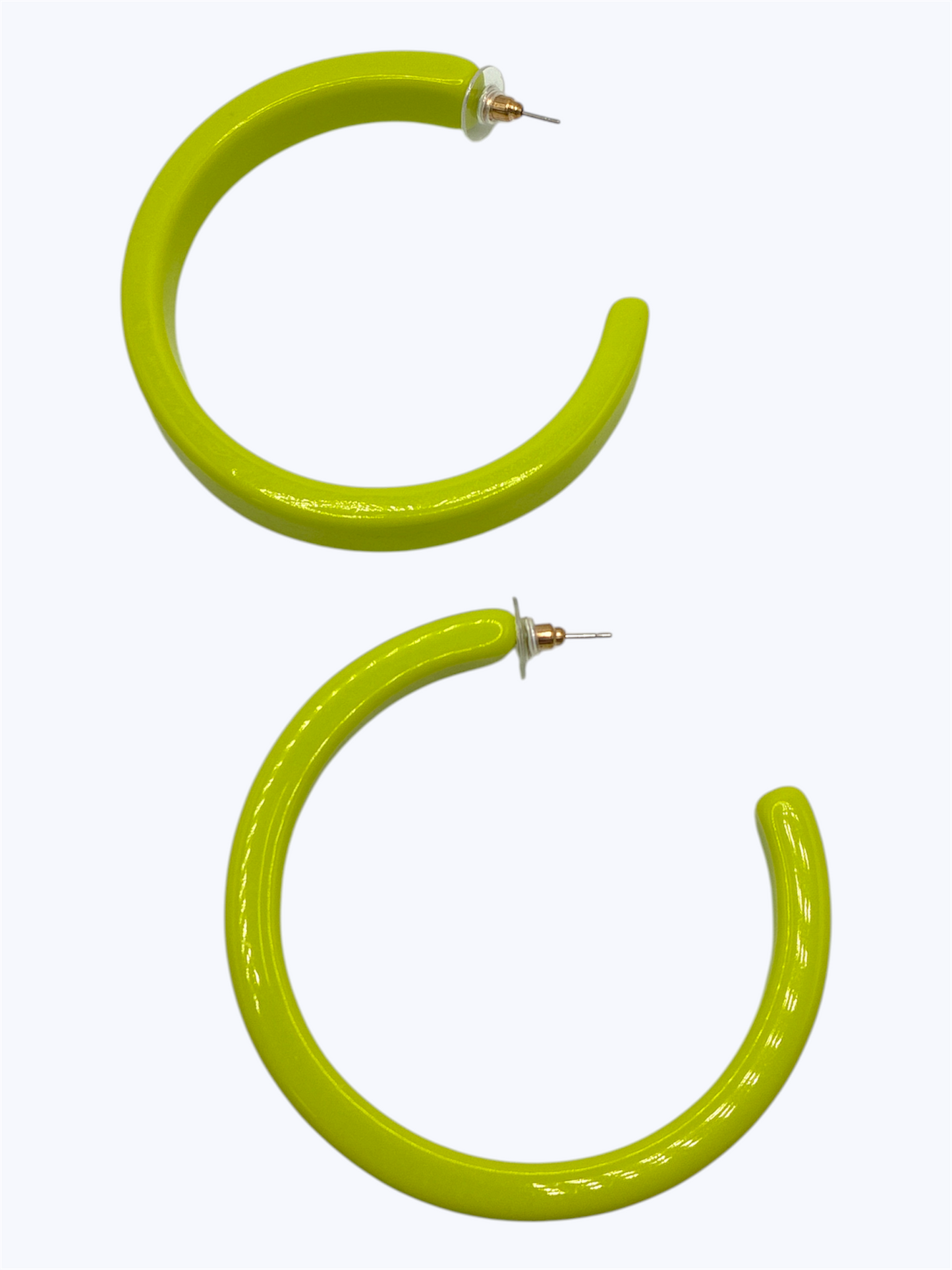 Glossy green open hoop earrings with a sleek minimalist circular design