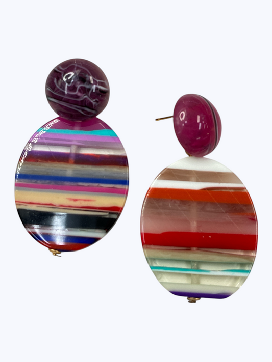 Striped oval drop earrings with multicolor resin design and marbled round stud top, lightweight statement fashion jewelry.