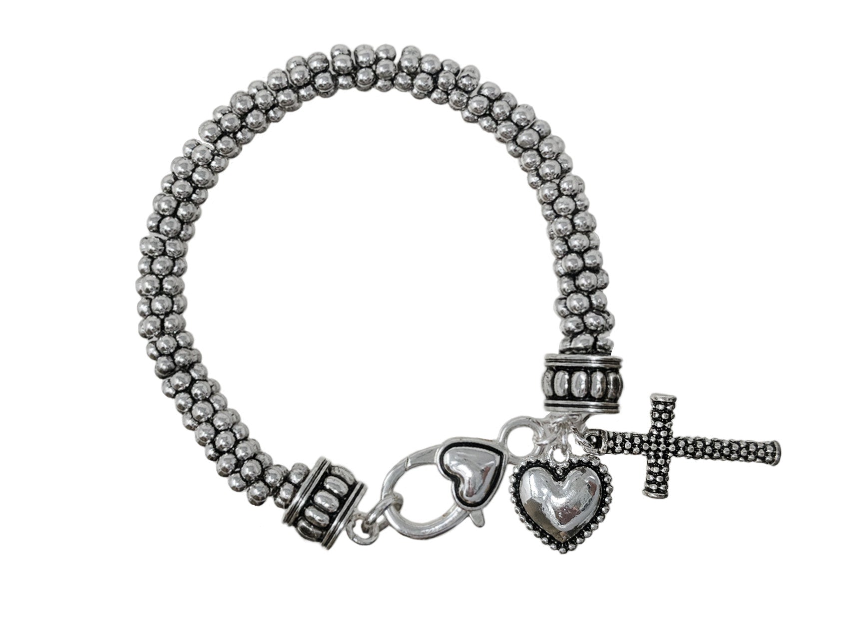 Antique silver-tone beaded bracelet featuring cross and heart charms with textured multi-strand metal bead detailing.