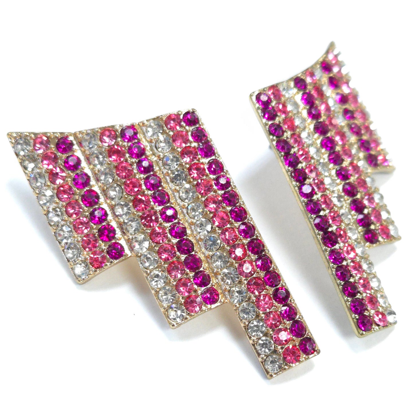 Earrings with pink and silver rhinestones on a white background