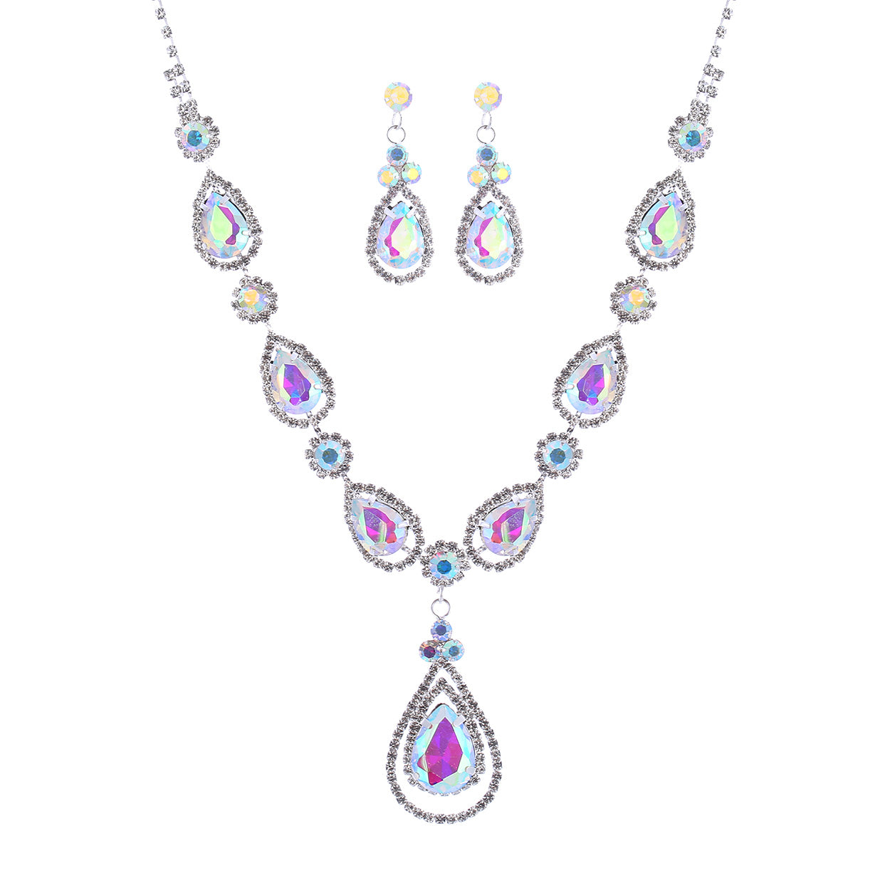Jewelry set with necklace and earrings featuring teardrop-shaped gemstones on a white background