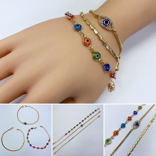 B0177 JCB2063 Rhinestones Deco Evil Eye Design Charms Chain Bracelet