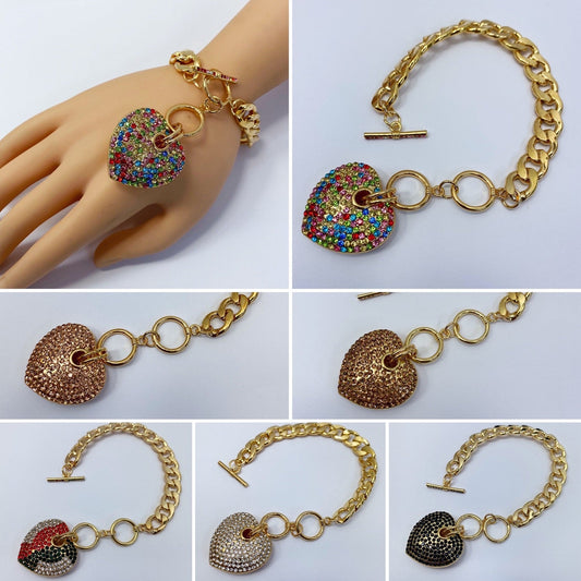 B0173 MB7032 Metal Cuban Link Chain Rhinestones Deco Heart Love Shape Charm Bracelet