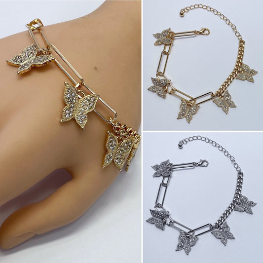 B0157 KB5008 Rhinestones Decorated Animal Butterfly Shape Charms Dangle Chain Link Bracelet