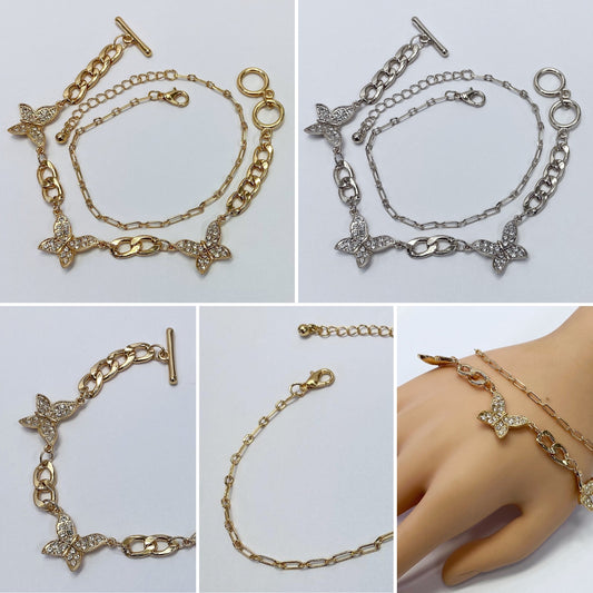 B0160 KB5005 Rhinestones Decorated Animal Butterfly Shape Charms Dangle Chain Link Bracelets