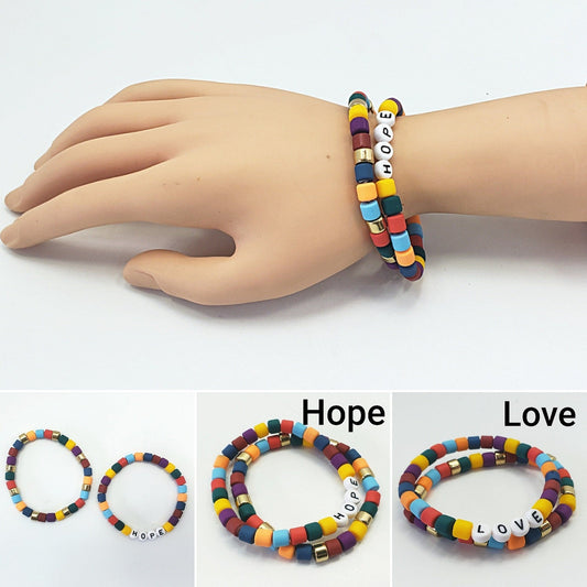 B0178 FB2699 Beaded String with HOPE or LOVE word Accented Stretchable Bangle Bracelet