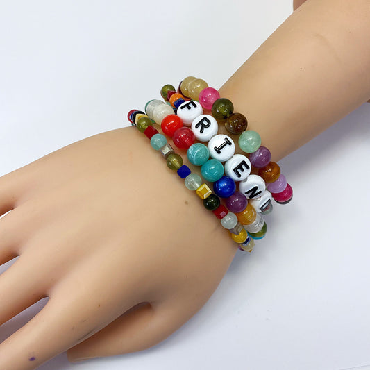 B0179 FB2541 Beaded String with FRIEND word Accented Stretchable Bangle Bracelet