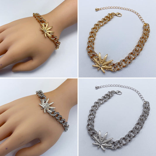 B0246 KB5012 Rhinestones Deco Cuban Link Chain with Leaf Design Accented Bracelet