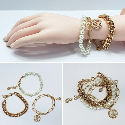 B0180 83B1384 Pearl Deco Double O Design Charm Chain Bracelets