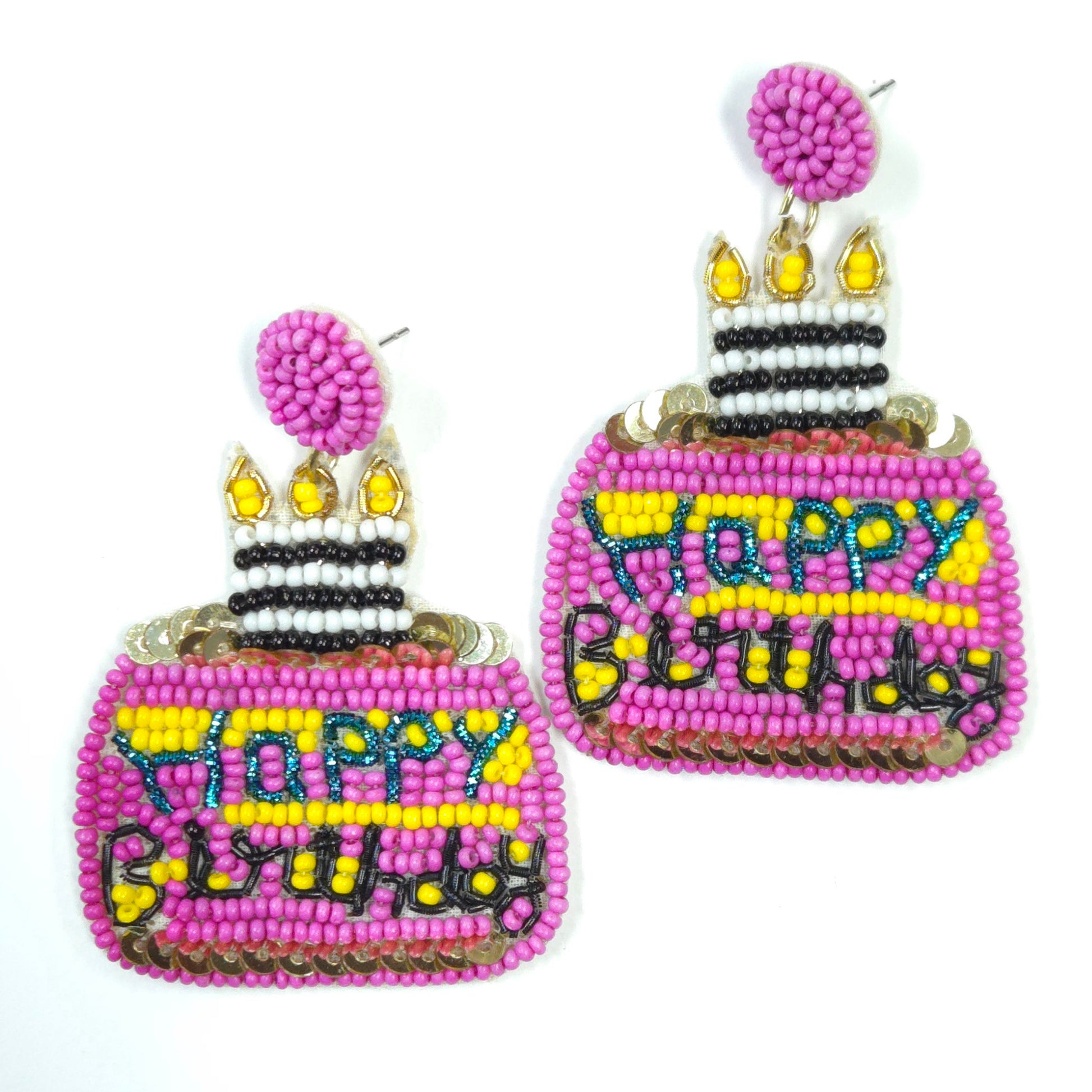 Beaded earrings shaped like birthday cakes with 'Happy Birthday' text on a white background