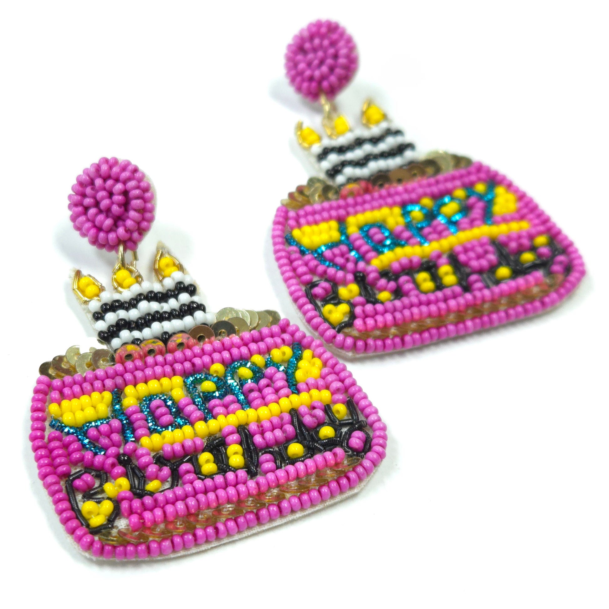 Beaded earrings shaped like birthday cakes with 'Happy Birthday' text on a white background