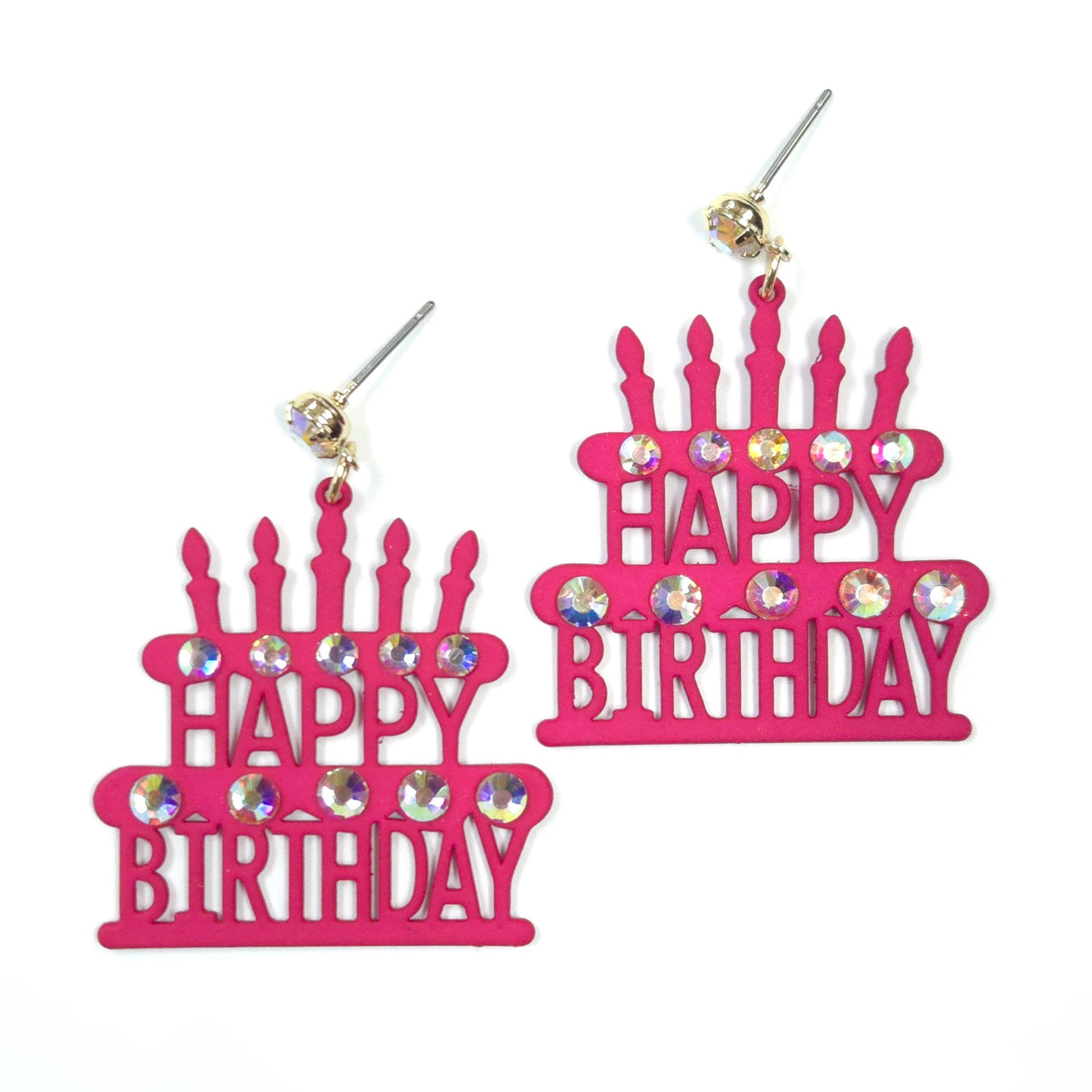 Pink 'Happy Birthday' cake-shaped earrings with rhinestones on a white background