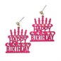 Pink &#39;Happy Birthday&#39; cake-shaped earrings with rhinestones on a white background