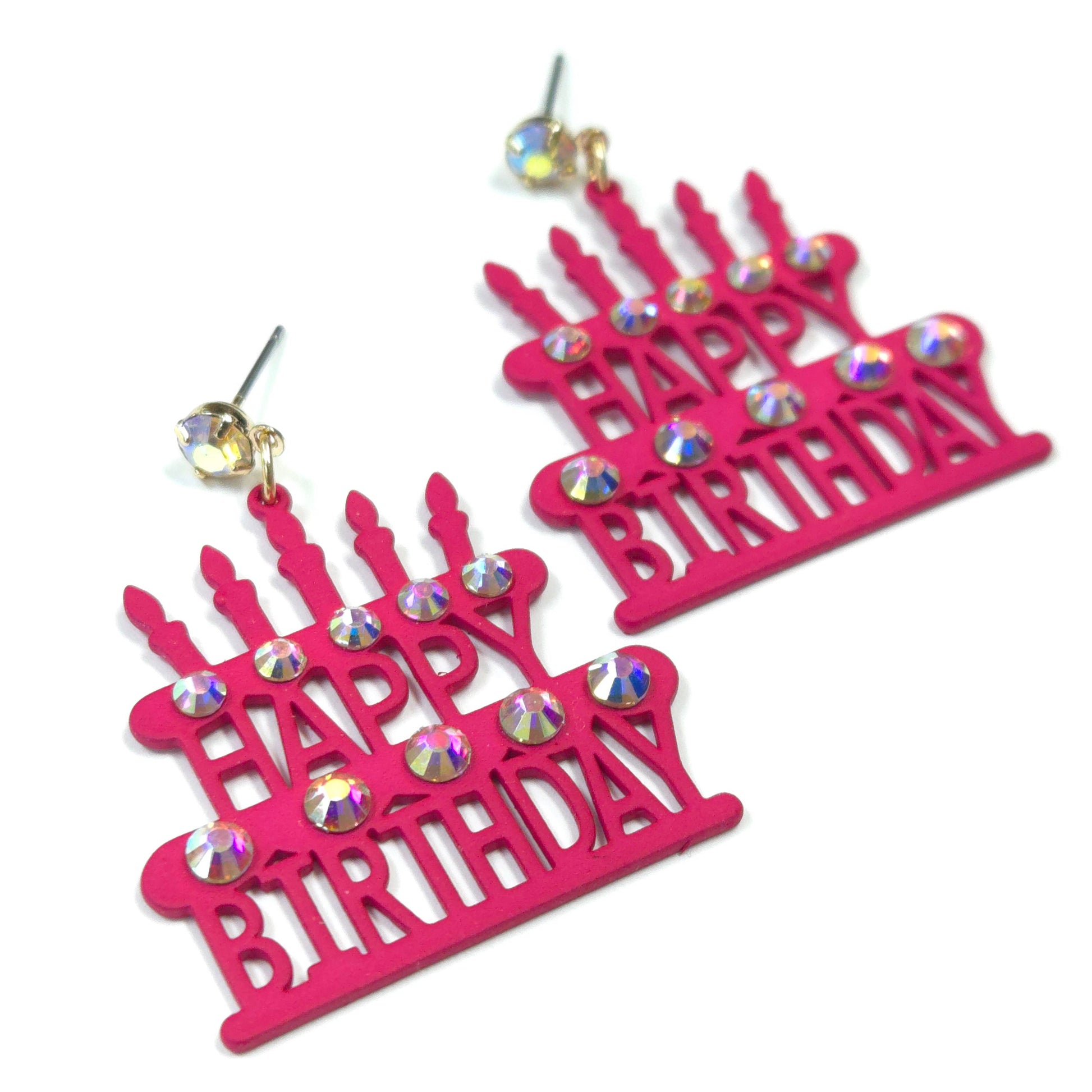 Pink 'Happy Birthday' earrings with rhinestones on a white background