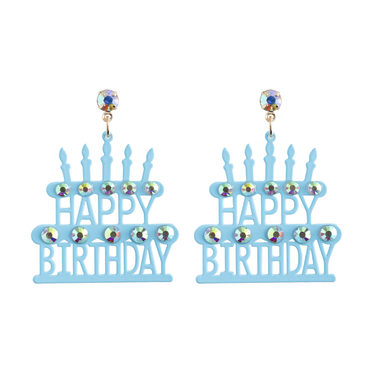 Light blue 'Happy Birthday' earrings with rhinestone accents on a white background