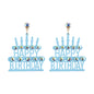 Light blue &#39;Happy Birthday&#39; earrings with rhinestone accents on a white background