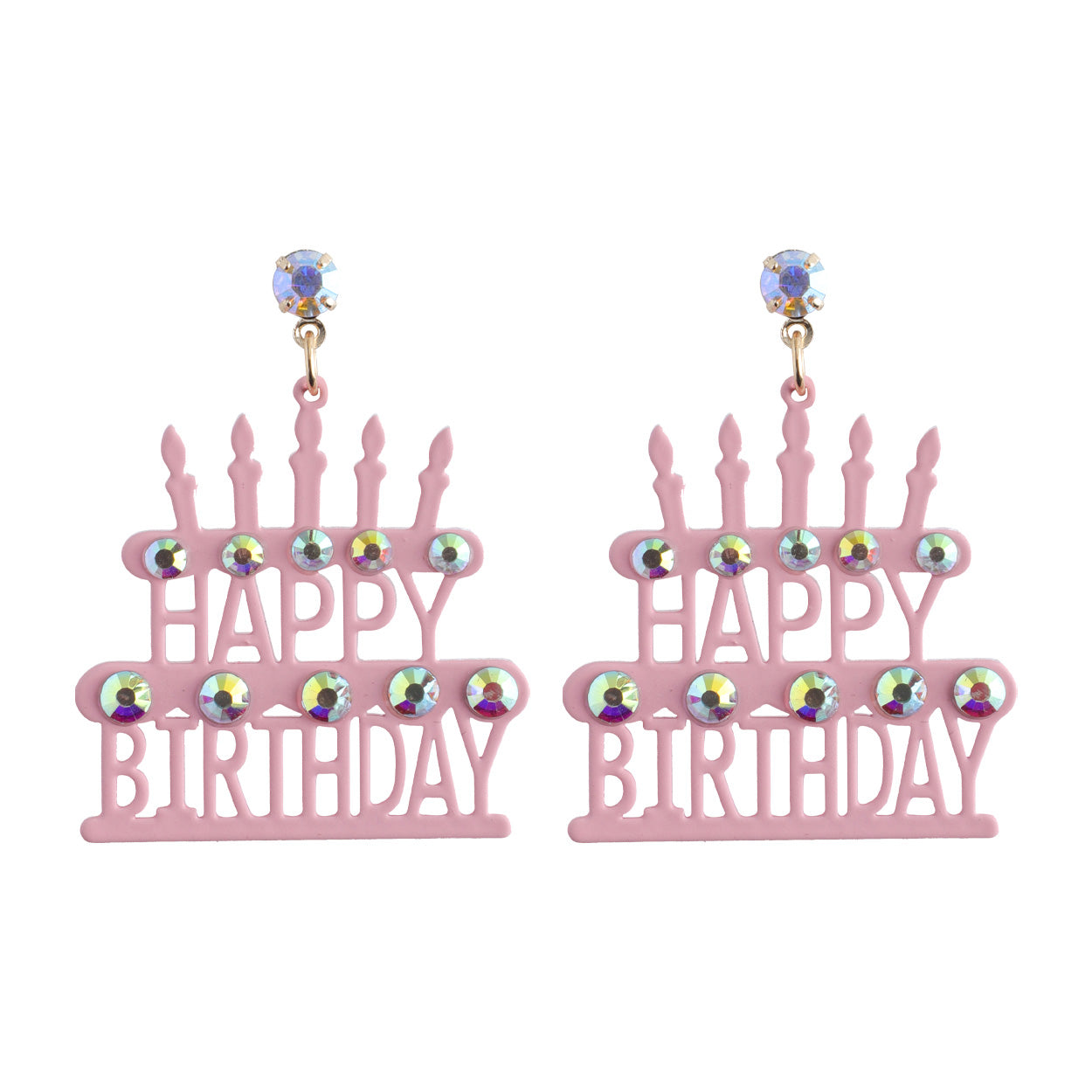 Pink 'Happy Birthday' cake-shaped earrings with rhinestone details on a white background