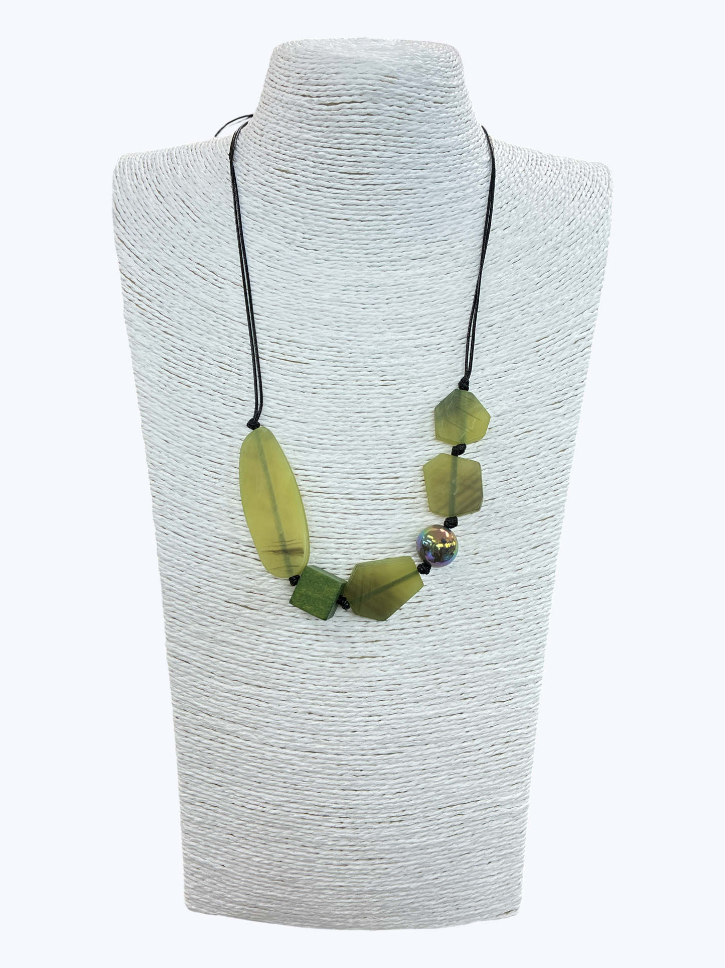Olive green abstract bead necklace with geometric resin accents, iridescent detail bead, and asymmetrical design for a modern boutique look.