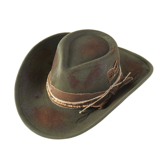 Brown leather cowboy hat with decorative band on a white background