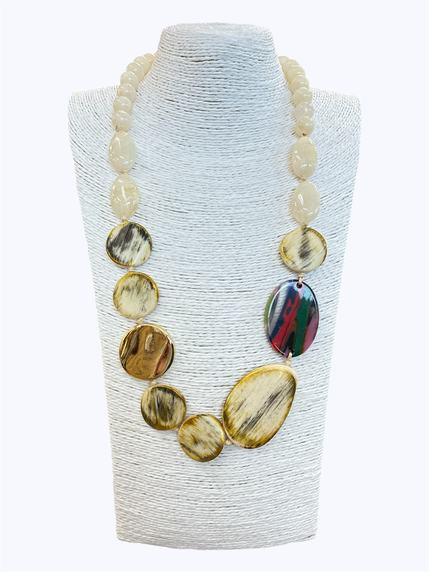 Neutral statement bead necklace with glossy marbled resin accents and abstract multicolor detail for an elegant boutique-inspired look.
