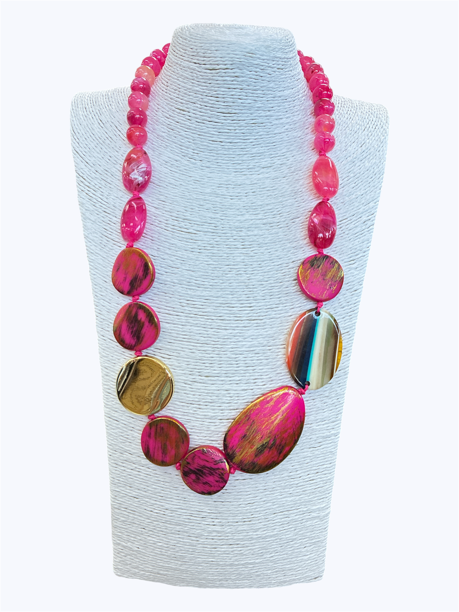 Pink statement bead necklace with glossy marbled and metallic resin accents for a bold artistic boutique-inspired look.