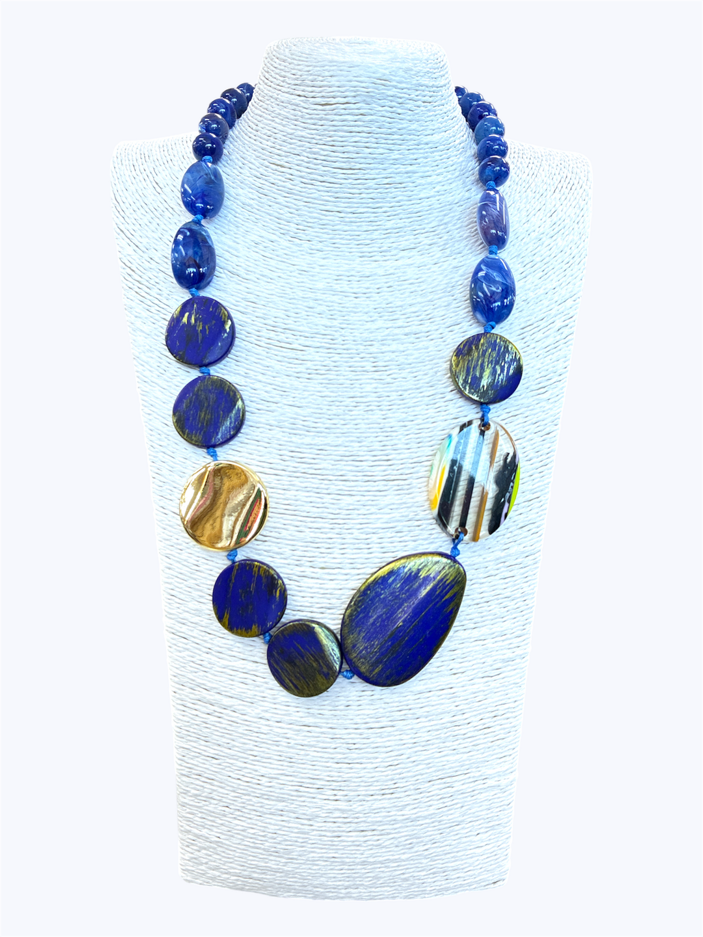 Blue statement bead necklace with glossy marbled and metallic resin accents for a vibrant contemporary boutique style.
