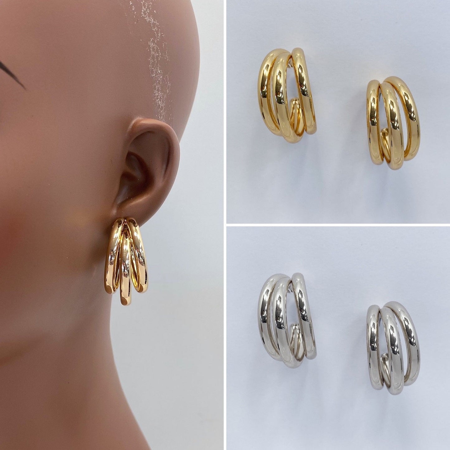 A pair of metal hoop earrings displayed in two colors, gold and silver, on a mannequin ear.