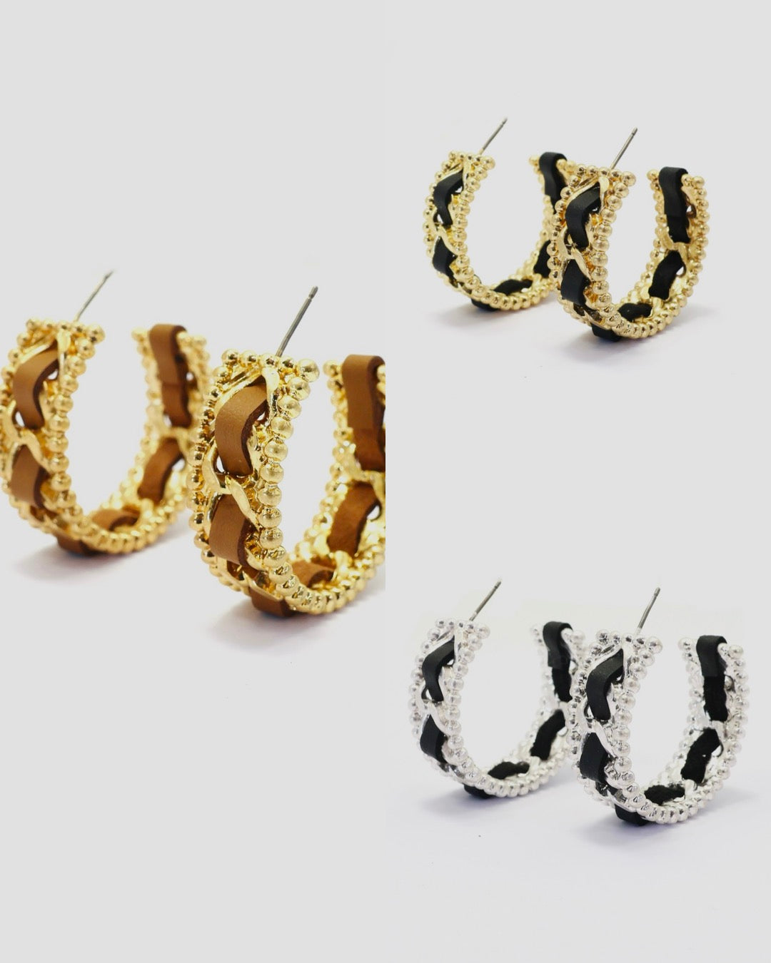 Braided chain hoop earrings with textured beaded edging and woven detail in a modern boutique fashion style.