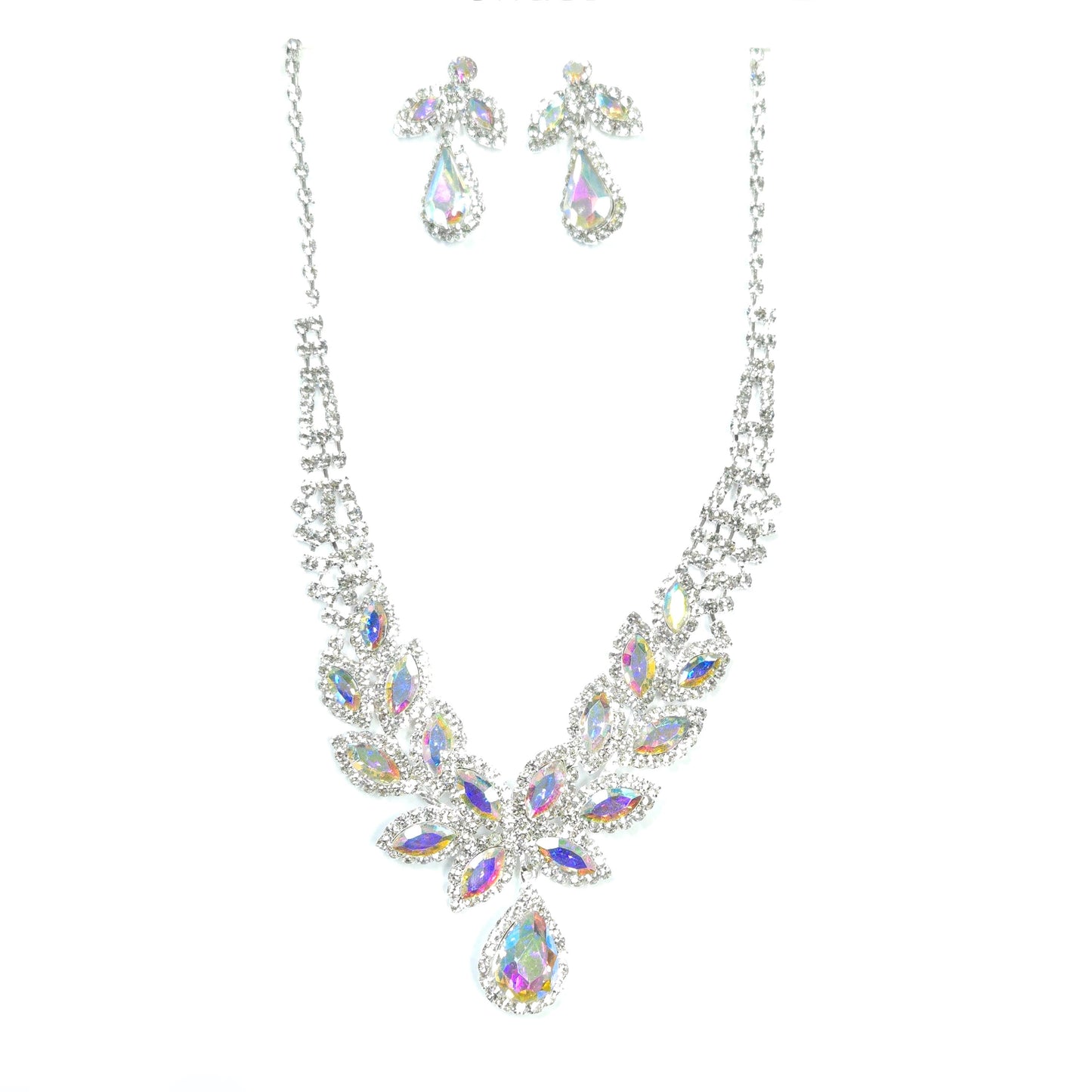 Jewelry set with necklace and earrings featuring multicolored gemstones on a white background