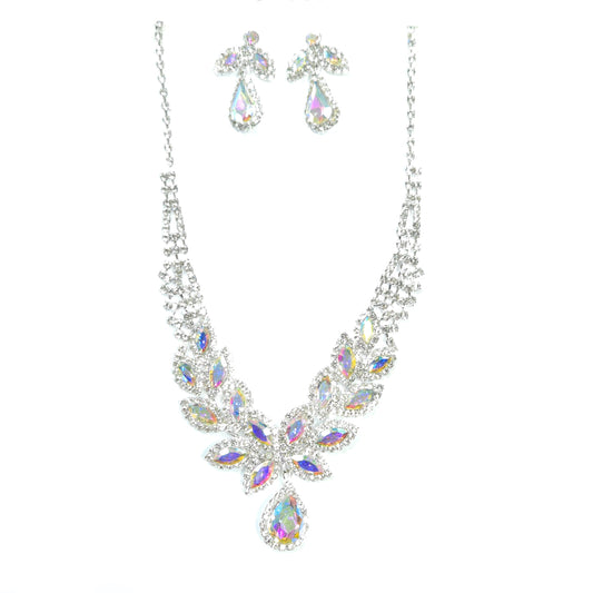 Jewelry set with necklace and earrings featuring multicolored gemstones on a white background