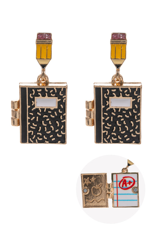 E0868 C4E2381 NOTEBOOK WITH PENCIL DROP DANGLE EARRINGS