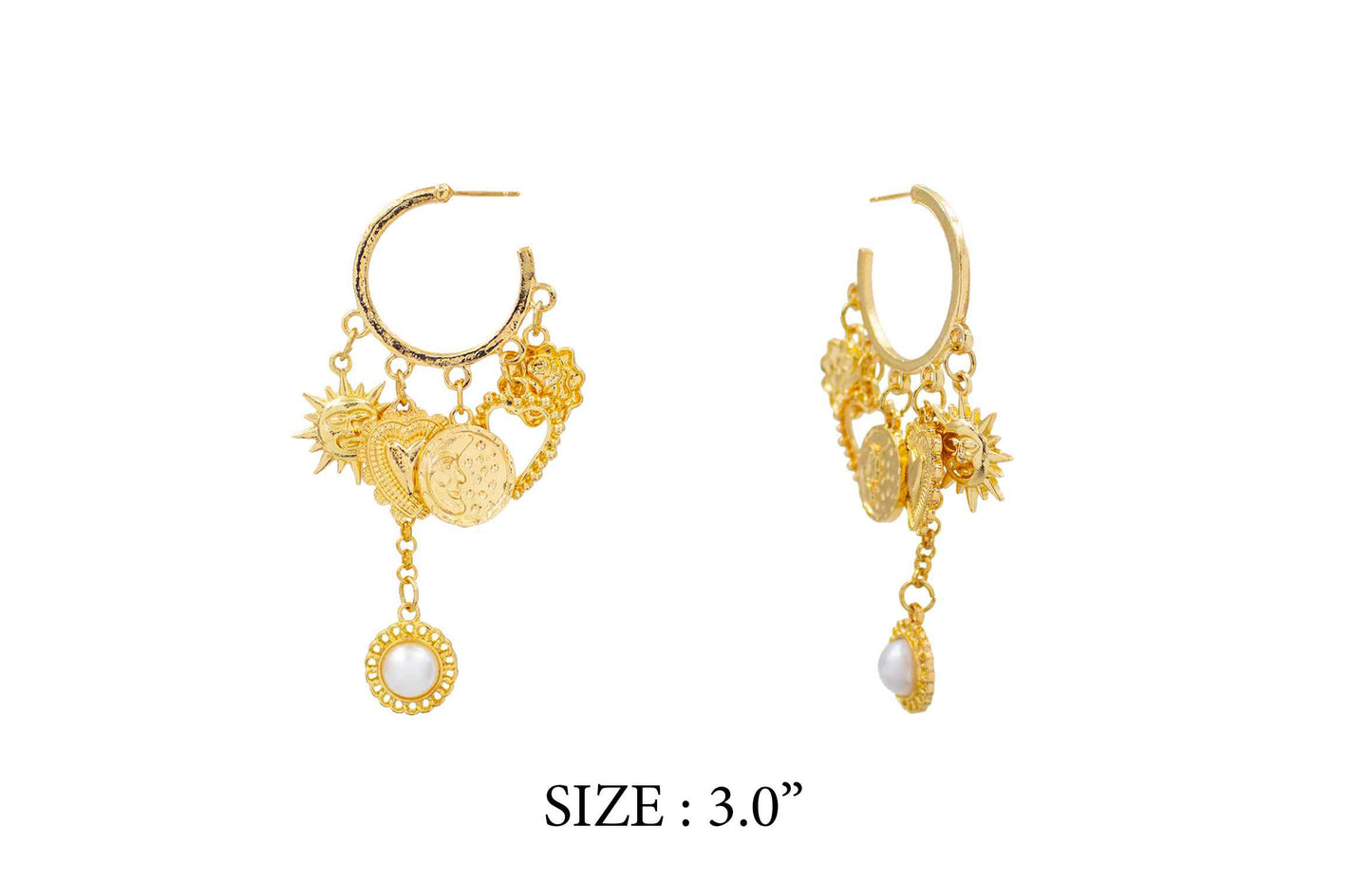Gold earrings with intricate designs on a white background