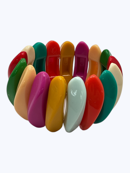 Multicolor chunky stretch bracelet with glossy oversized resin links for a fun vibrant boutique statement look.